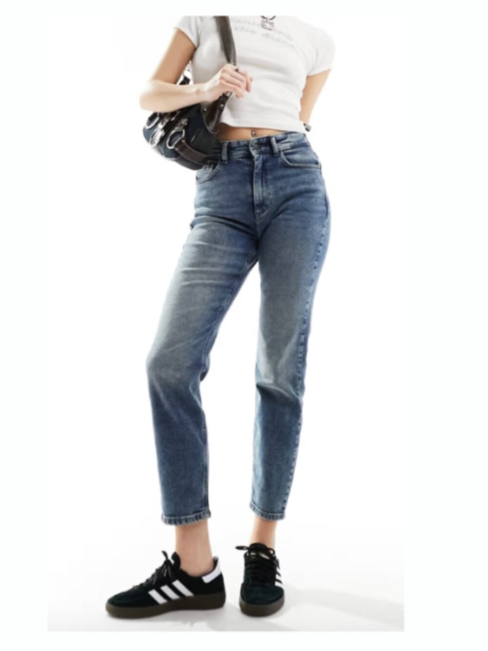 Noisy May Moni High Rise Slim Straight Jeans in Mid Wash Blue